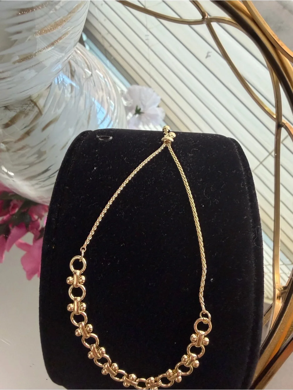 Gold tone Link Floral Accent adjustable bracelet - Women Jewelry